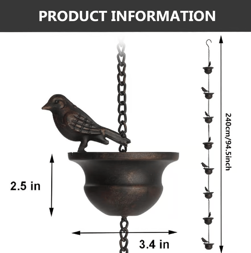 Where Rain Meets Art – Decorative Rain Chain with Bird Bath Design