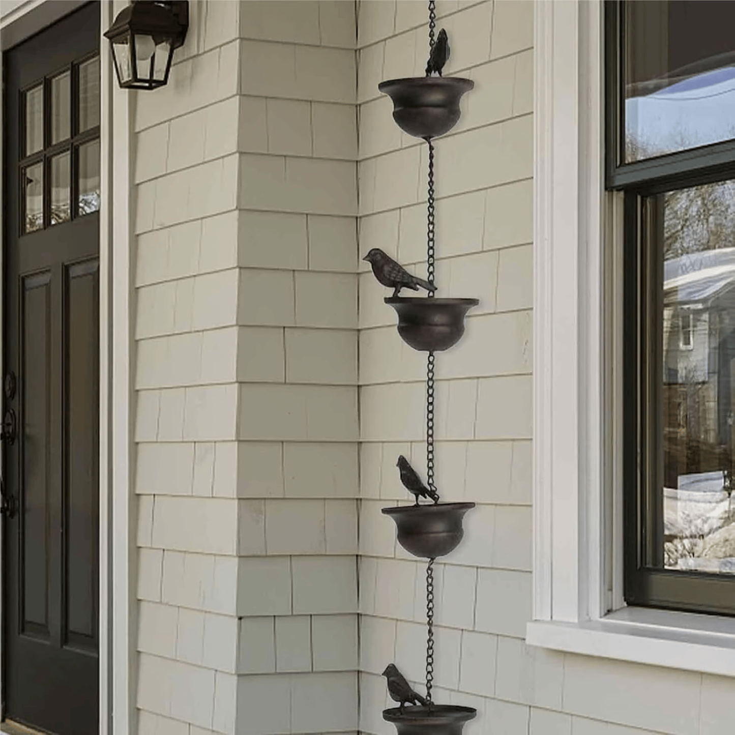 Where Rain Meets Art – Decorative Rain Chain with Bird Bath Design